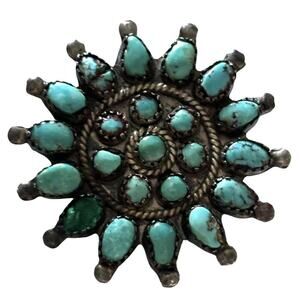 Vintage Zuni Turquoise Petit Point Sterling Silver Pin and Pendant